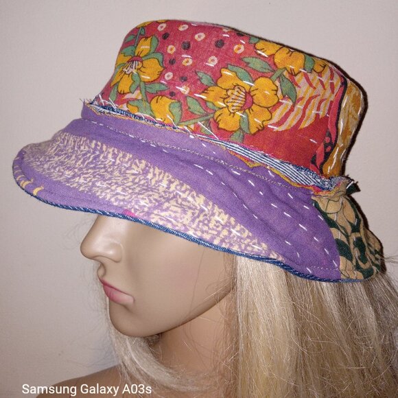 Kantha & Denim Bucket Hat Reversible Dk. Green Purple Red Patchwork BHAT10. - Picture 3 of 7